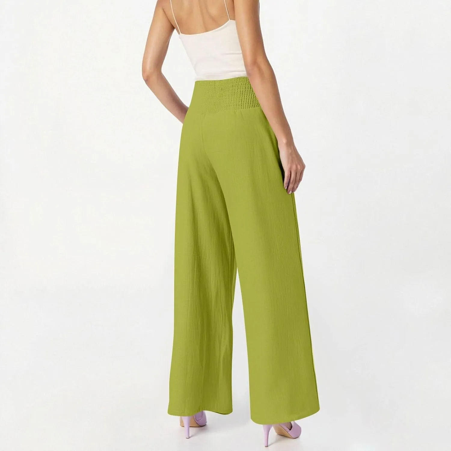 Wide Leg Linen Pants for Women High Waist Summer Palazzo Pants Smocked Elastic Pant Dressy Trouser with Pockets