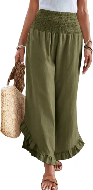 Wide Leg Linen Pants for Women Lightweight Somcked High Waisted Palazzo Pants Ruffle Hem Flowy Culottes with Pockets