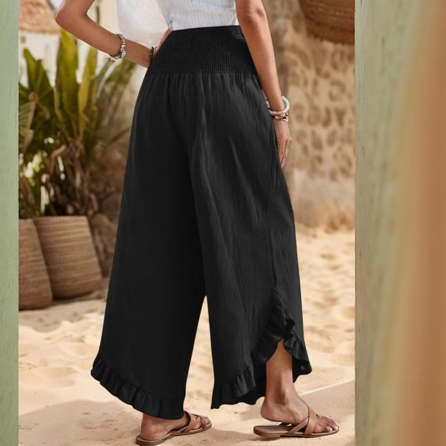 Wide Leg Linen Pants for Women Lightweight Somcked High Waisted Palazzo Pants Ruffle Hem Flowy Culottes with Pockets