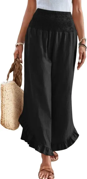 Wide Leg Linen Pants for Women Lightweight Somcked High Waisted Palazzo Pants Ruffle Hem Flowy Culottes with Pockets