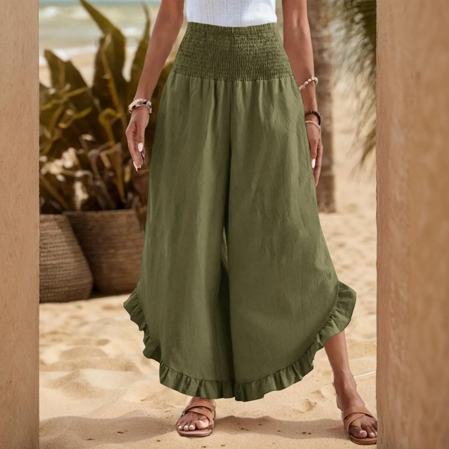 Wide Leg Linen Pants for Women Lightweight Somcked High Waisted Palazzo Pants Ruffle Hem Flowy Culottes with Pockets
