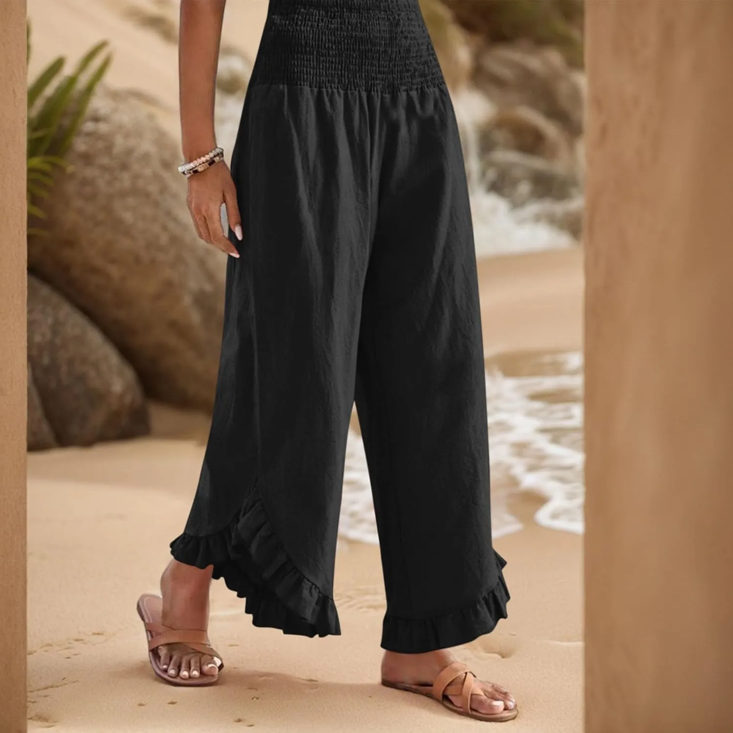 Wide Leg Linen Pants for Women Lightweight Somcked High Waisted Palazzo Pants Ruffle Hem Flowy Culottes with Pockets