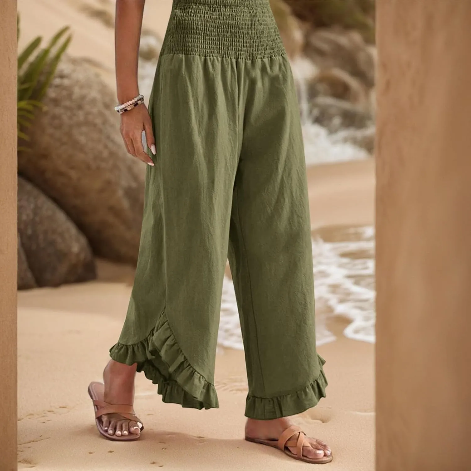 Wide Leg Linen Pants for Women Lightweight Somcked High Waisted Palazzo Pants Ruffle Hem Flowy Culottes with Pockets