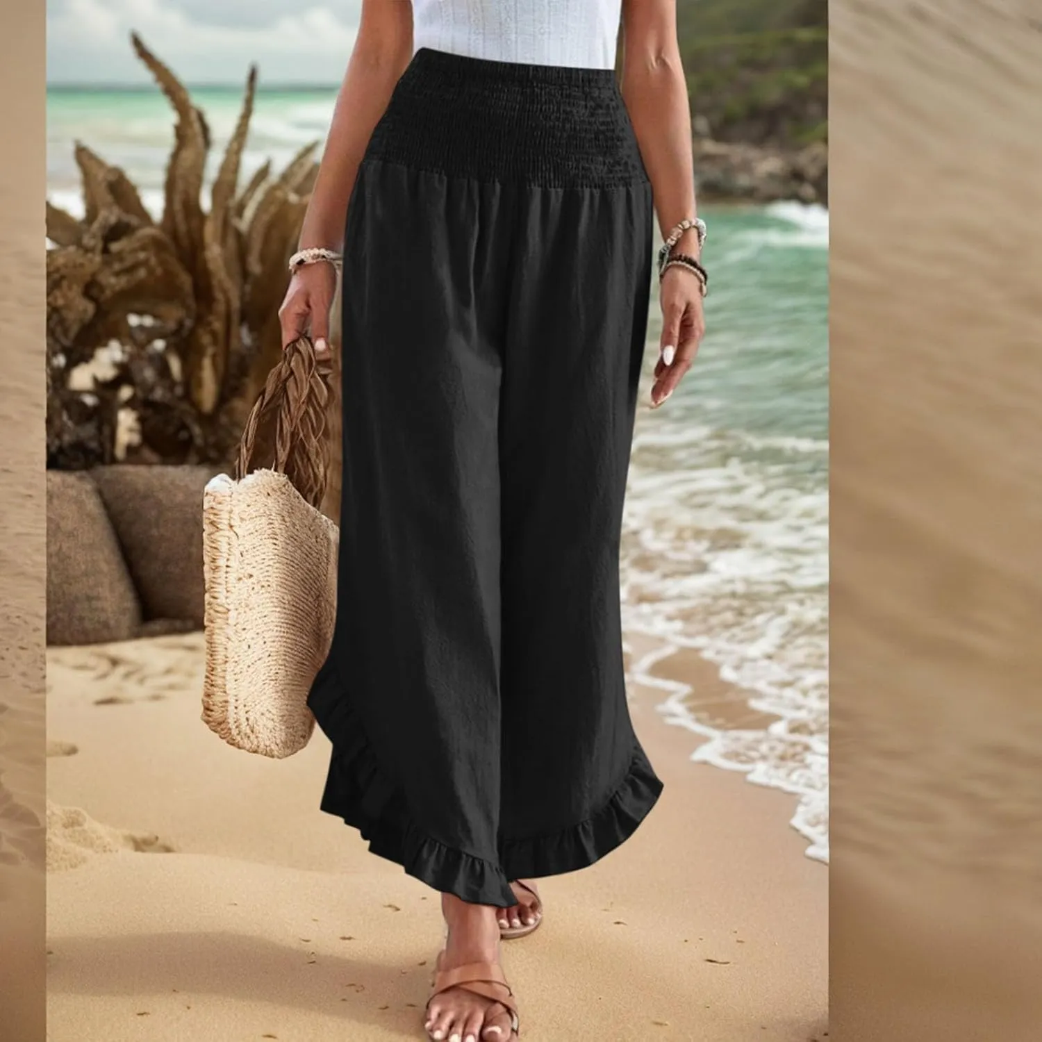 Wide Leg Linen Pants for Women Lightweight Somcked High Waisted Palazzo Pants Ruffle Hem Flowy Culottes with Pockets