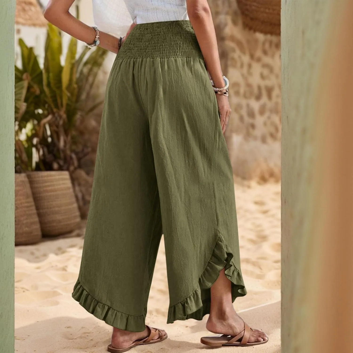 Wide Leg Linen Pants for Women Lightweight Somcked High Waisted Palazzo Pants Ruffle Hem Flowy Culottes with Pockets