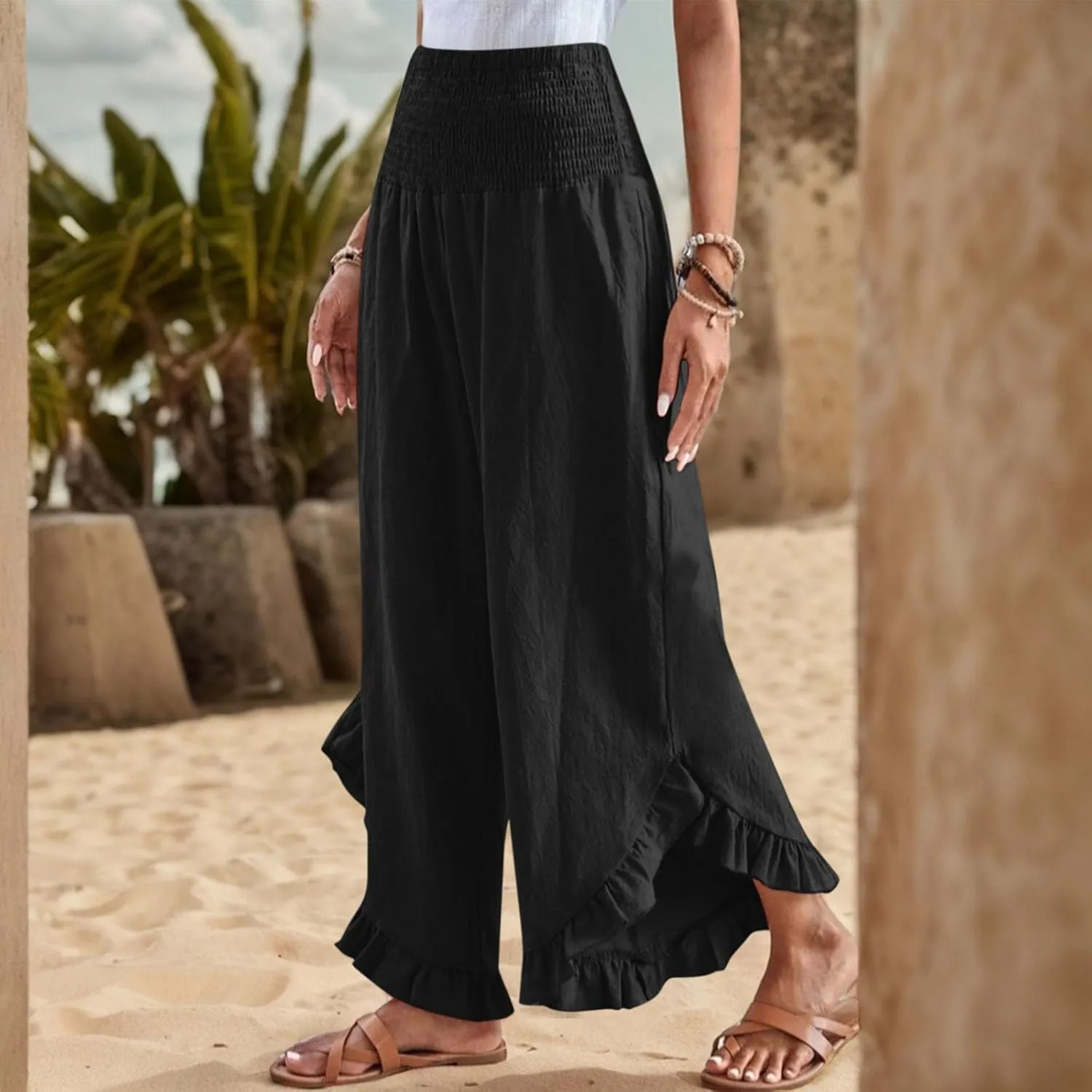 Wide Leg Linen Pants for Women Lightweight Somcked High Waisted Palazzo Pants Ruffle Hem Flowy Culottes with Pockets