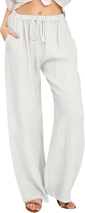 Wide Leg Linen Pants for Women Plus Size Summer Pants Flowy Drawstring Wide Leg Pants High Waisted Palazzo Pant Yoga Trousers