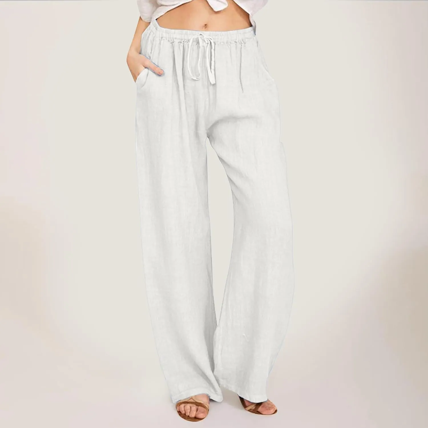 Wide Leg Linen Pants for Women Plus Size Summer Pants Flowy Drawstring Wide Leg Pants High Waisted Palazzo Pant Yoga Trousers