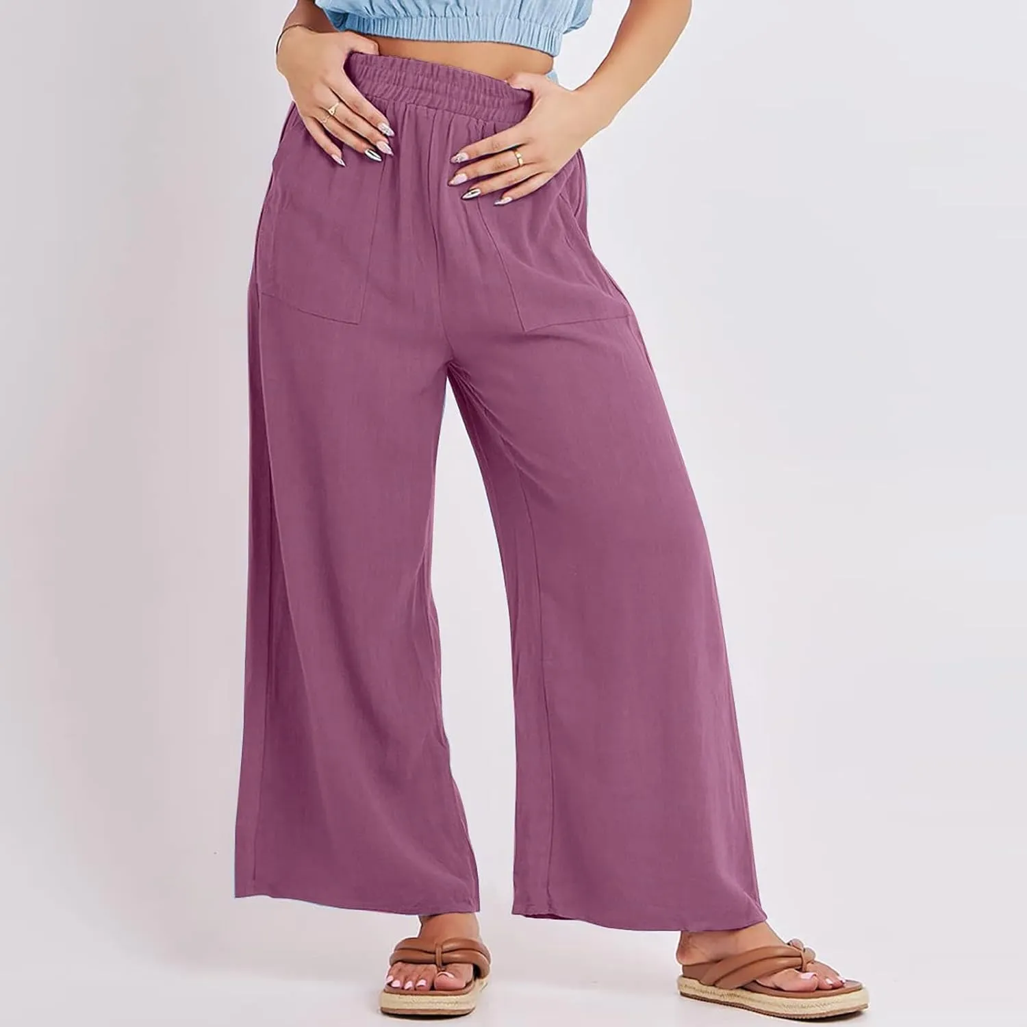 Wide Leg Linen Pants for Women Summer Palazzo Flowy Capri Palazzo Flowy Pants Casual High Waist Trousers with Pockets
