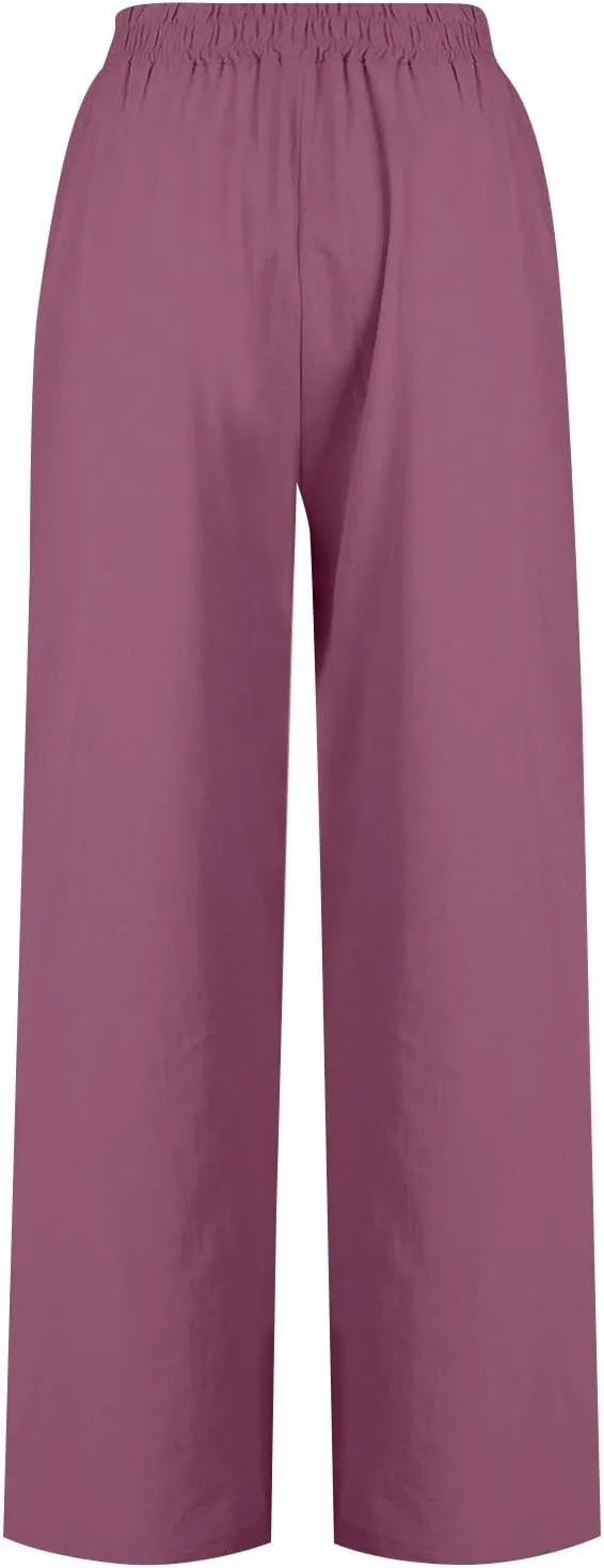 Wide Leg Linen Pants for Women Summer Palazzo Flowy Capri Palazzo Flowy Pants Casual High Waist Trousers with Pockets