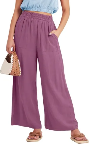 Wide Leg Linen Pants for Women Summer Palazzo Flowy Capri Palazzo Flowy Pants Casual High Waist Trousers with Pockets