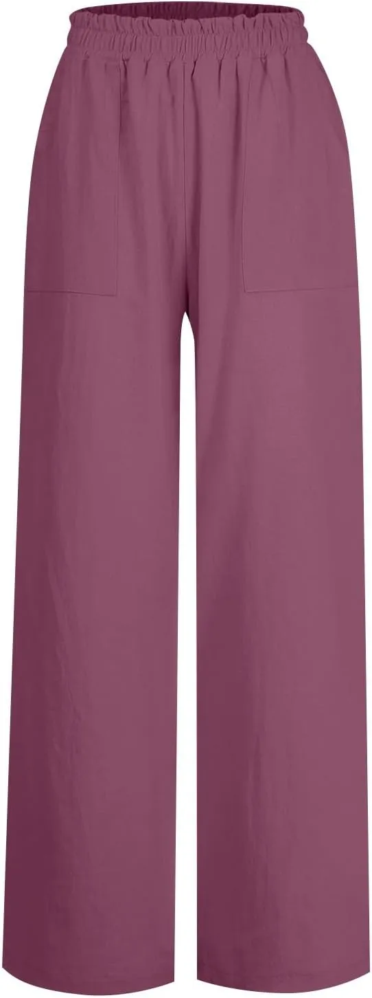 Wide Leg Linen Pants for Women Summer Palazzo Flowy Capri Palazzo Flowy Pants Casual High Waist Trousers with Pockets