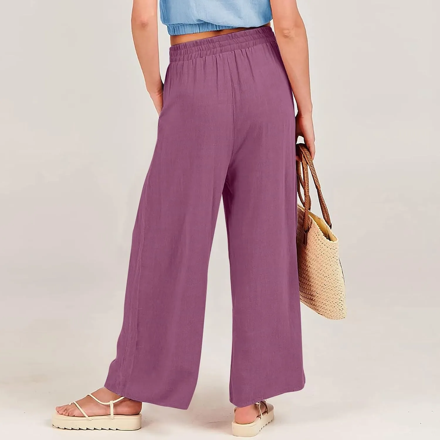 Wide Leg Linen Pants for Women Summer Palazzo Flowy Capri Palazzo Flowy Pants Casual High Waist Trousers with Pockets