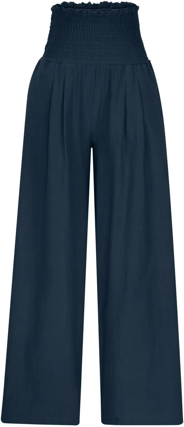 Wide Leg Palazzo Pants for Women Cotton Linen Smocked High Waisted Flowy Loose Casual Lounge Trousers with Pockets