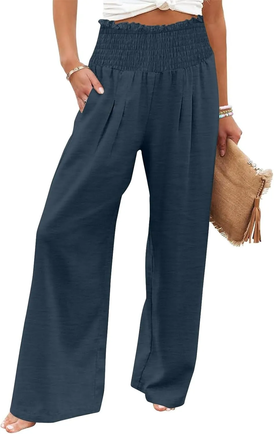 Wide Leg Palazzo Pants for Women Cotton Linen Smocked High Waisted Flowy Loose Casual Lounge Trousers with Pockets