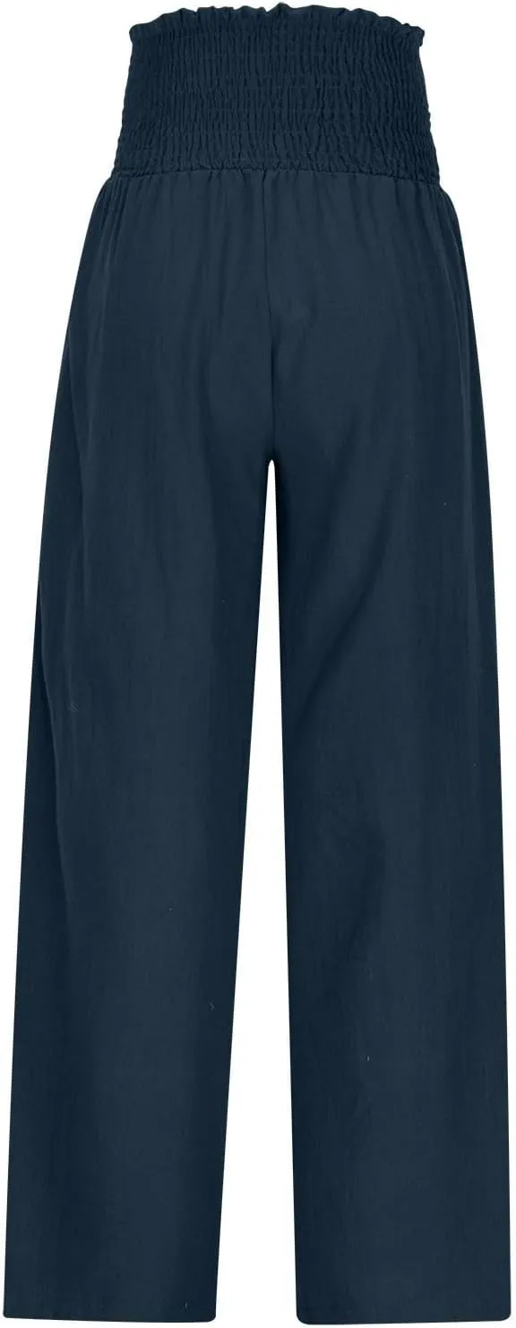 Wide Leg Palazzo Pants for Women Cotton Linen Smocked High Waisted Flowy Loose Casual Lounge Trousers with Pockets