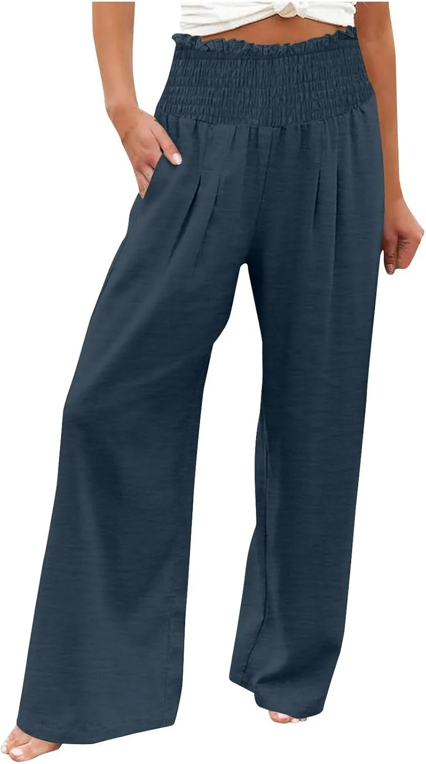 Wide Leg Palazzo Pants for Women Cotton Linen Smocked High Waisted Flowy Loose Casual Lounge Trousers with Pockets