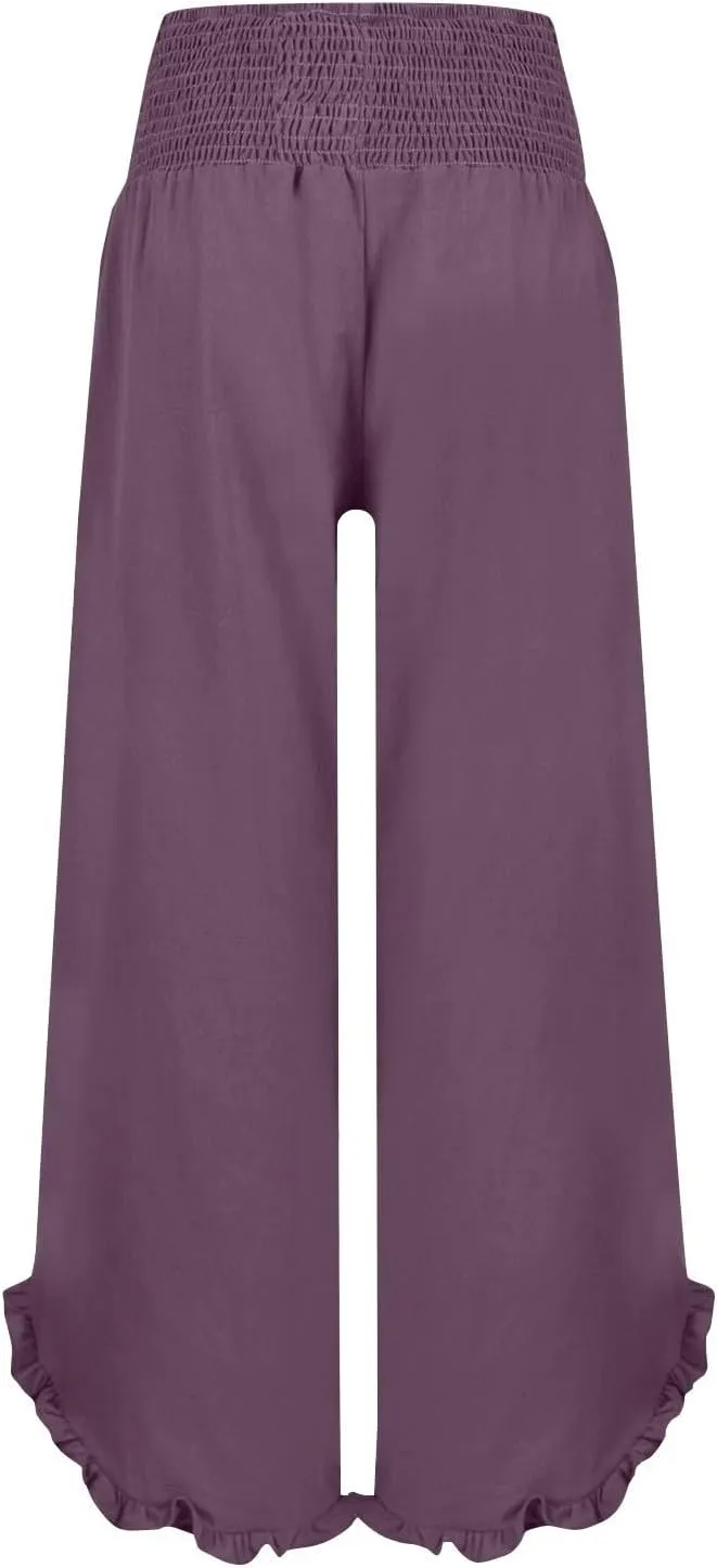 Wide Leg Pants for Women Linen Summer Elastic Waist Palazzo Pants High Waisted with Pockets Cropped Solid Trousers