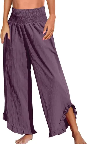Wide Leg Pants for Women Linen Summer Elastic Waist Palazzo Pants High Waisted with Pockets Cropped Solid Trousers