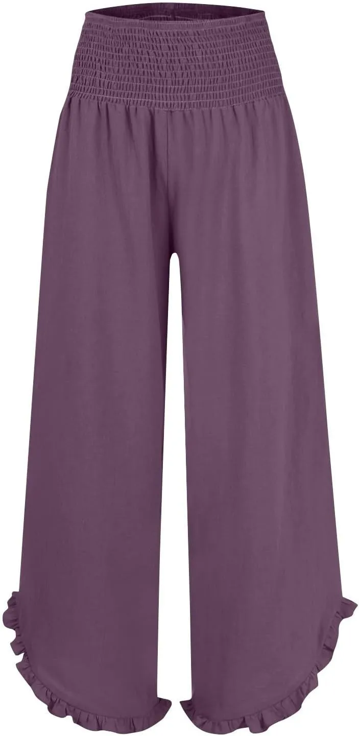Wide Leg Pants for Women Linen Summer Elastic Waist Palazzo Pants High Waisted with Pockets Cropped Solid Trousers