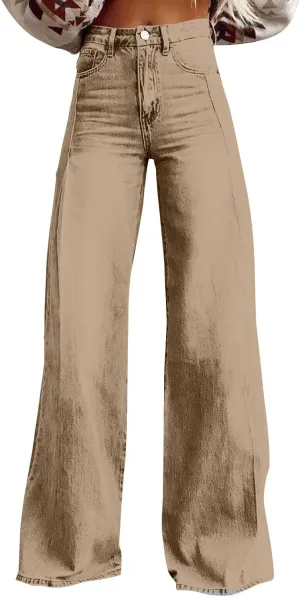 Wide Leg Pants Woman Cargo Flare Jeans with Pockets,Womens Sweatpants Cargo Sterechy High Waisted Petite Button