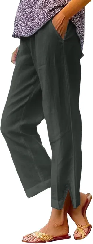 Wide Leg Pants Woman Solid Elastic Pants Long Drawstring Linen Women Waist Cotton Casual Womens Business Casual