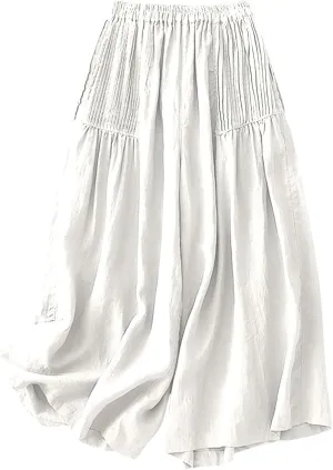 Wide Leg Pants Women Cotton Linen Elastic High Waist Pleated Palazzo Pants Loose Fit Flowy Summer Trousers Casual