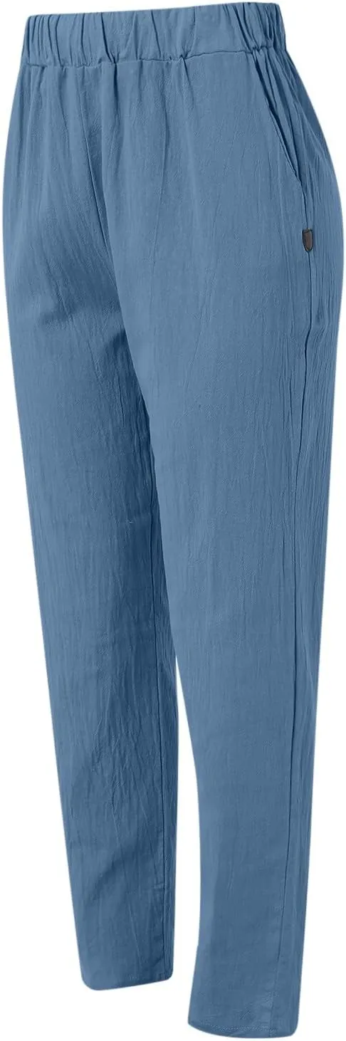 Wide Leg Pants Women Trousers Linen Pants Summer Boho Dressy Ankle Cropped Pants High Waisted Baggy Capris Trousers
