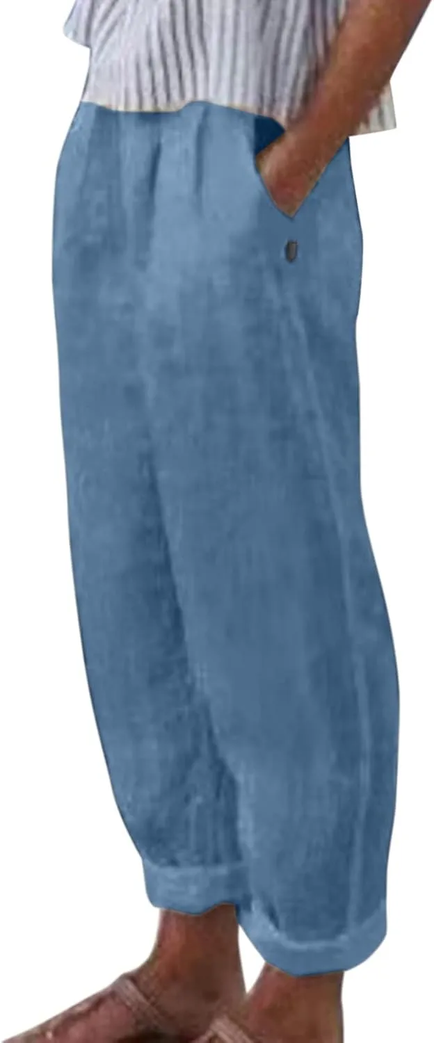 Wide Leg Pants Women Trousers Linen Pants Summer Boho Dressy Ankle Cropped Pants High Waisted Baggy Capris Trousers