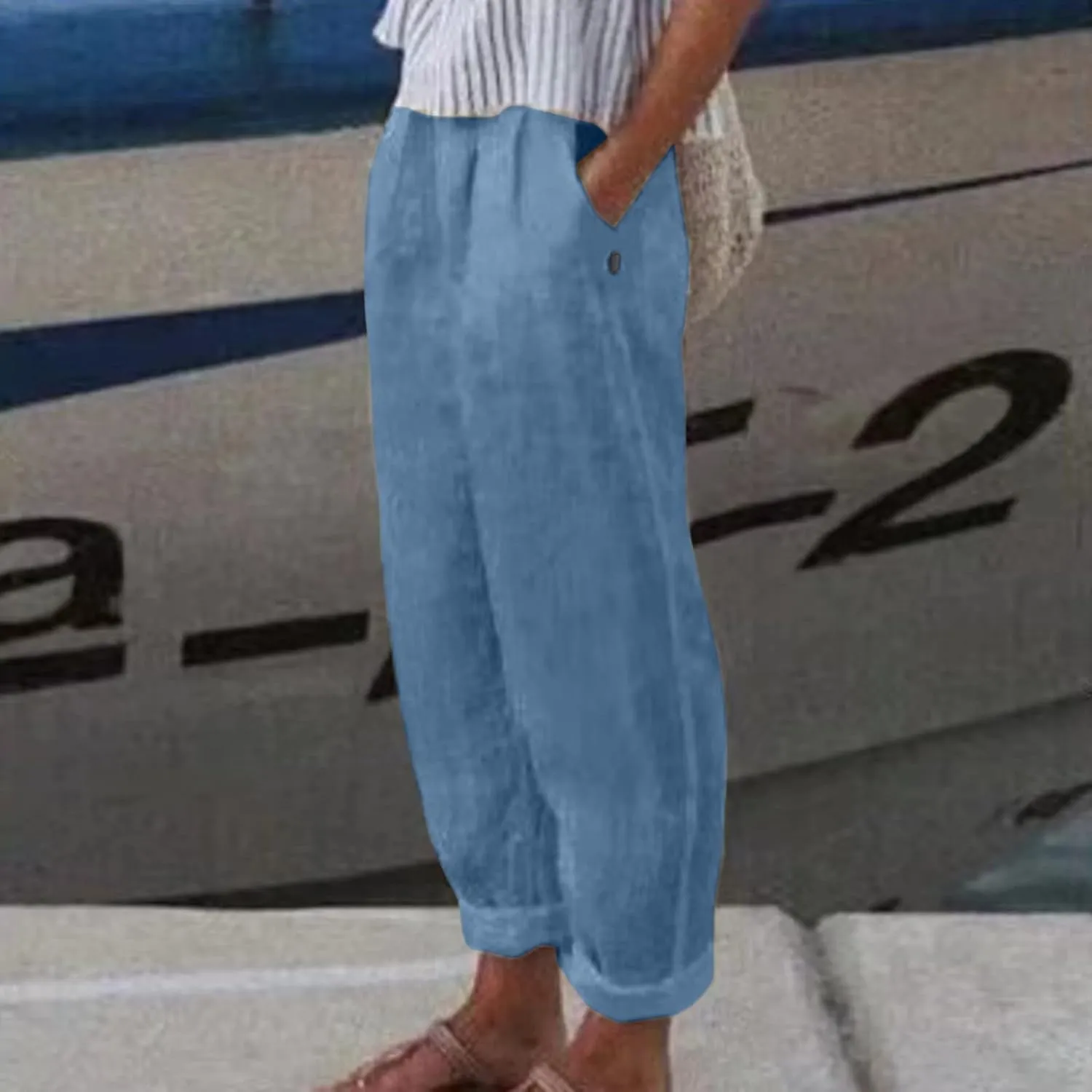 Wide Leg Pants Women Trousers Linen Pants Summer Boho Dressy Ankle Cropped Pants High Waisted Baggy Capris Trousers