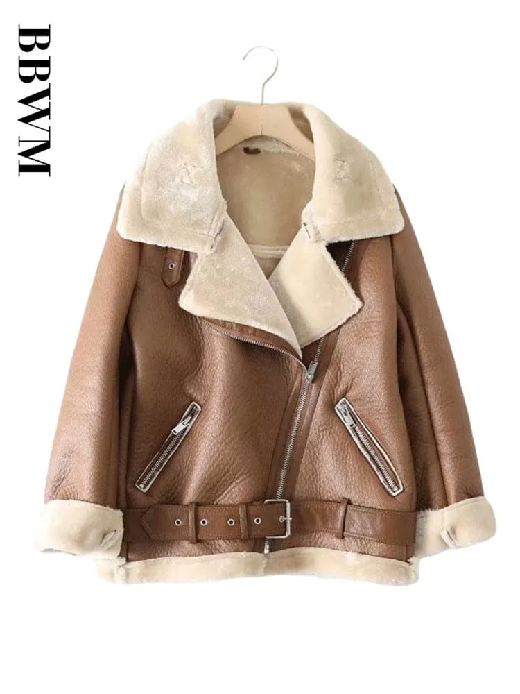 Winter Woman PU Faux Leather Jackets Sheepskin coats