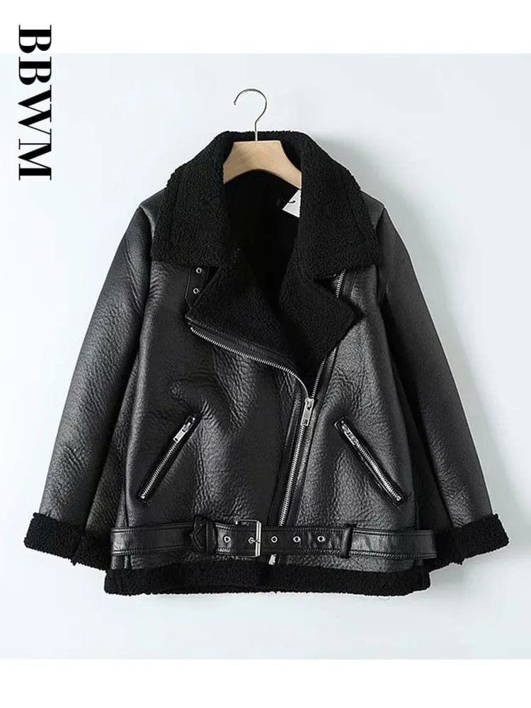 Winter Woman PU Faux Leather Jackets Sheepskin coats