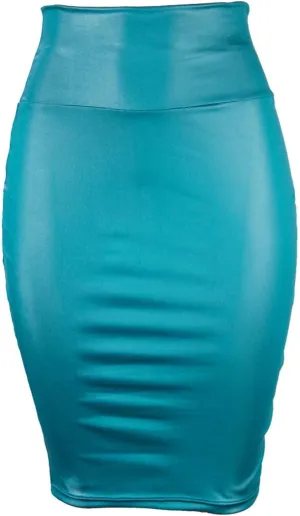 Women Bodycon Pencil Midi Skirts Elastic High Waisted Stretchy Leather Work Skirt Slim Fit Business Office Dress