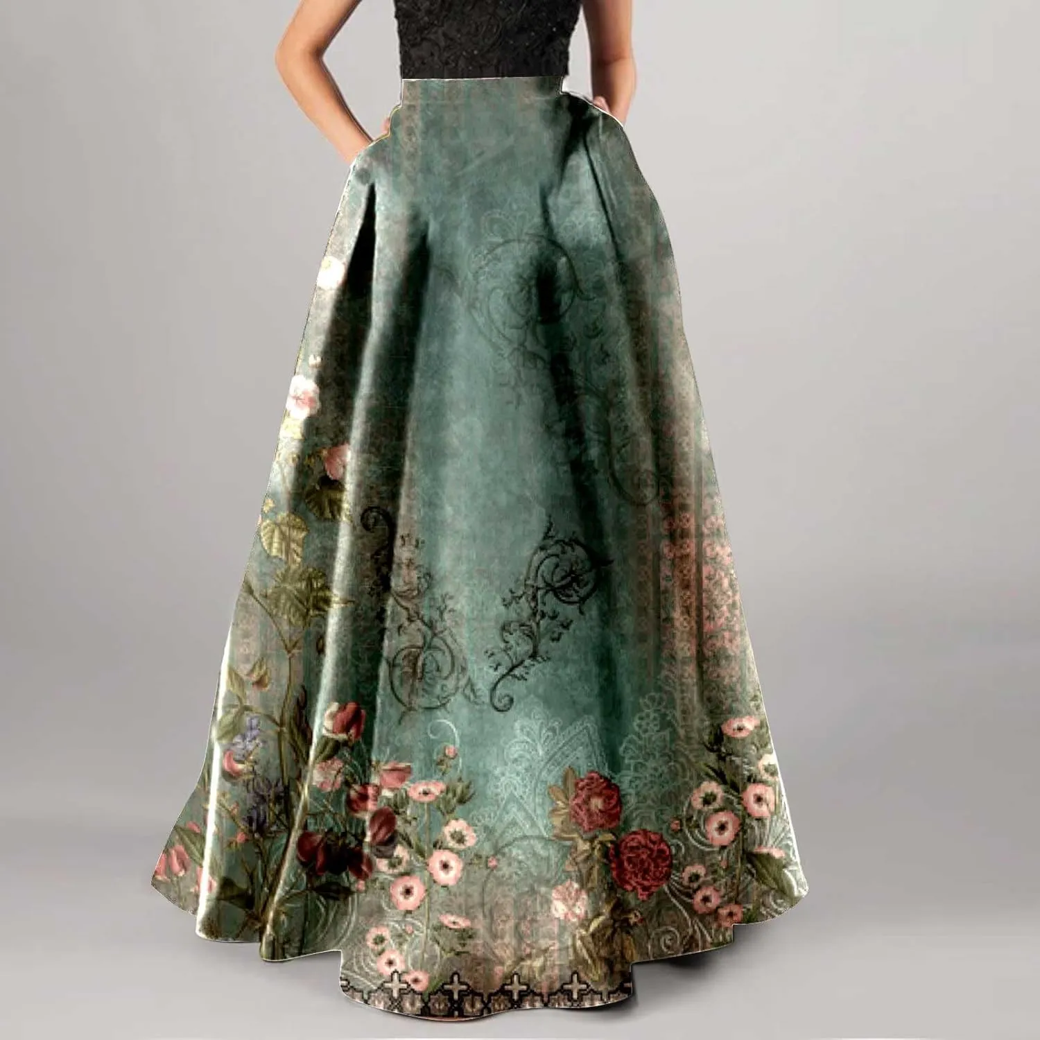 Women Boho Floral Print Maxi Skirt High Waist Vintage Bohemian Long Skirt Loose Fit Evening Party Skirt with Pockets