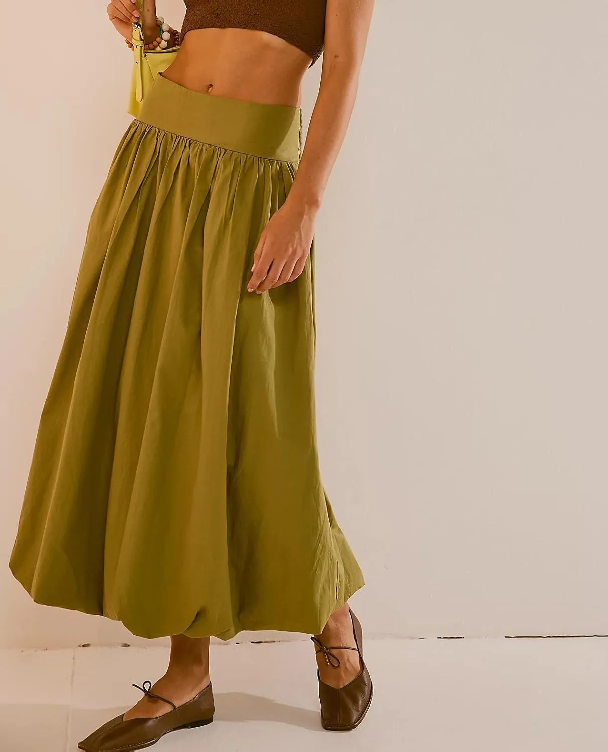 Women Bubble Long Skirt Y2k Flowy Swing A Line Maxi Skirt Cute Ruffle Pleated Midi Skirt Summer Balloon Skirt