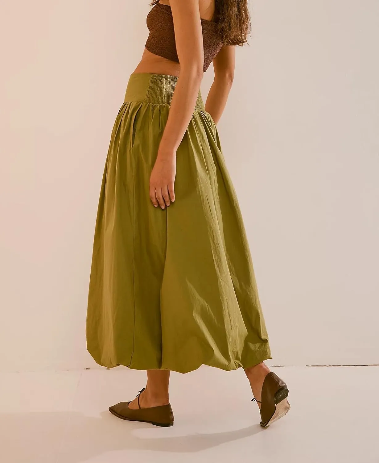 Women Bubble Long Skirt Y2k Flowy Swing A Line Maxi Skirt Cute Ruffle Pleated Midi Skirt Summer Balloon Skirt