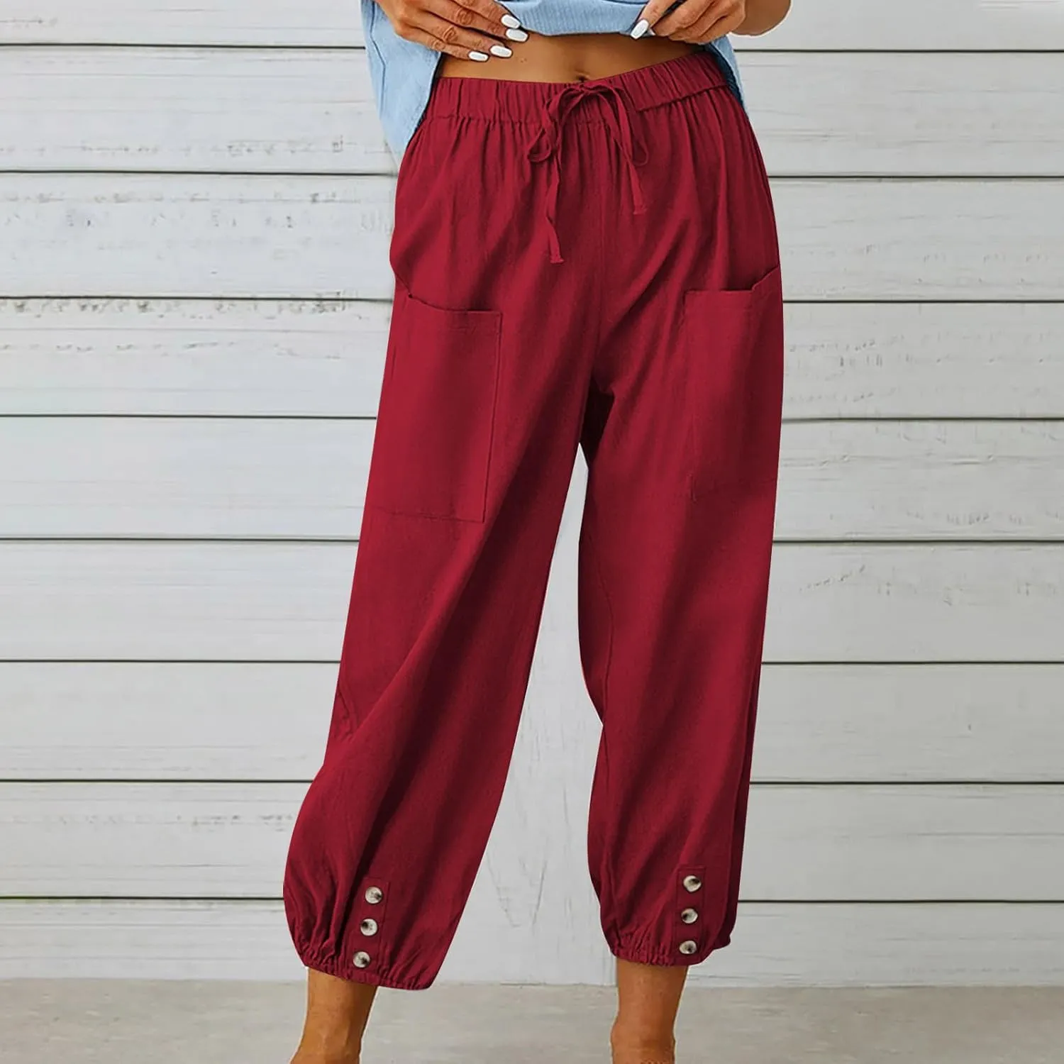 Women Capri Pants Casual Drawstring Elastic High Waist Baggy Cinch Bottom Pants Cropped Pants Trousers for Ladies
