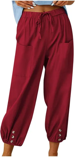 Women Capri Pants Casual Drawstring Elastic High Waist Baggy Cinch Bottom Pants Cropped Pants Trousers for Ladies