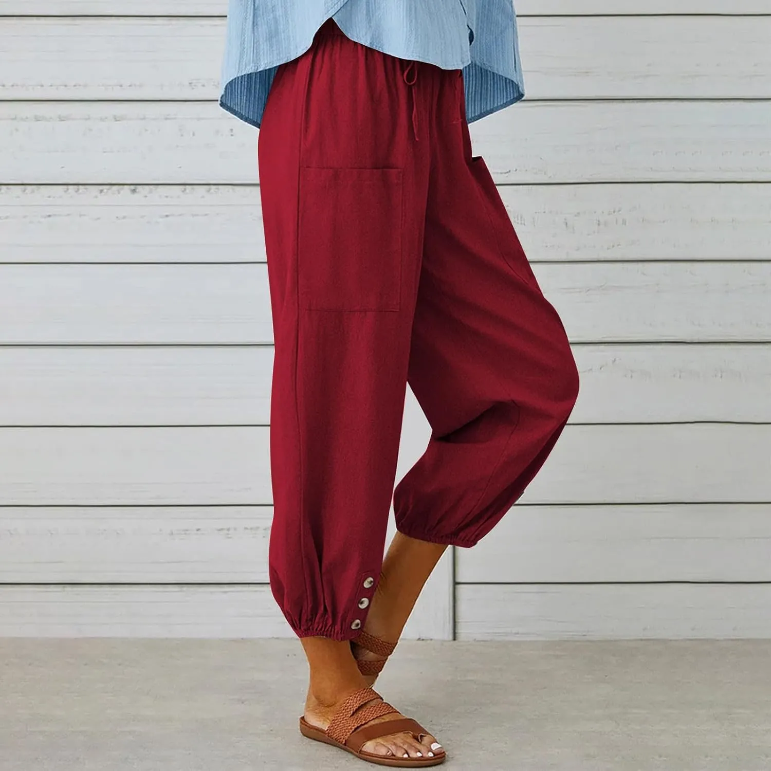Women Capri Pants Casual Drawstring Elastic High Waist Baggy Cinch Bottom Pants Cropped Pants Trousers for Ladies