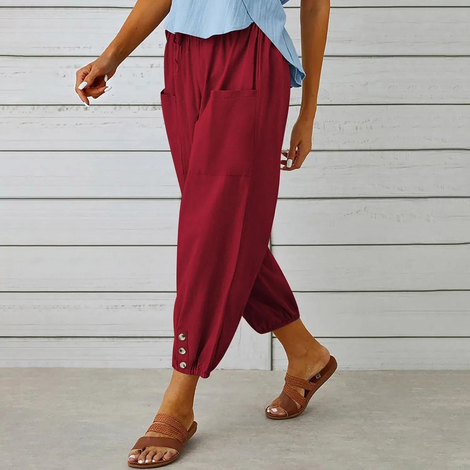 Women Capri Pants Casual Drawstring Elastic High Waist Baggy Cinch Bottom Pants Cropped Pants Trousers for Ladies