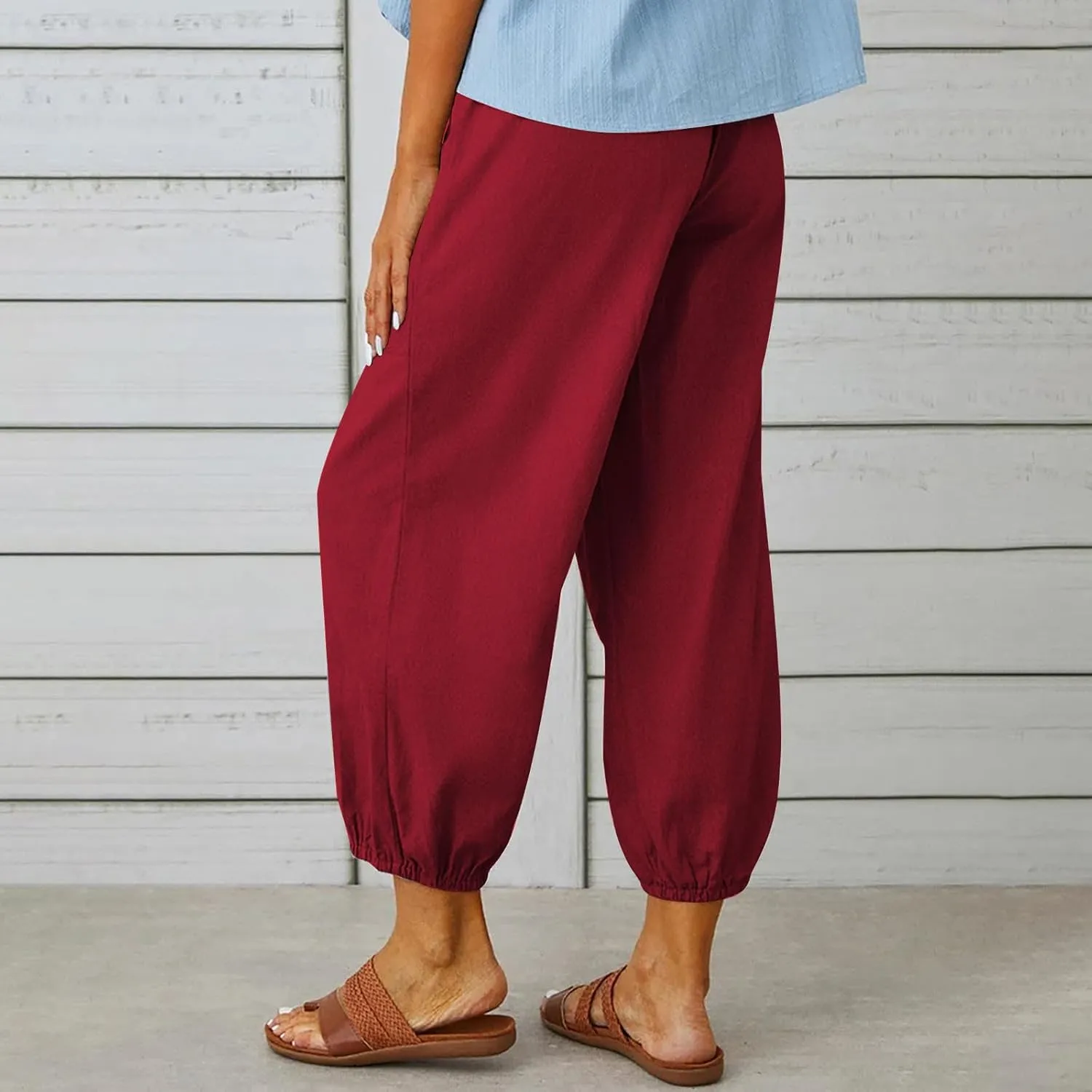 Women Capri Pants Casual Drawstring Elastic High Waist Baggy Cinch Bottom Pants Cropped Pants Trousers for Ladies