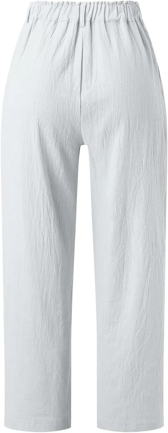 Women Capri Pants Summer Trendy Linen Cropped Trousers with Pockets Wide Leg Loose Lightweight Beach Casual Capris