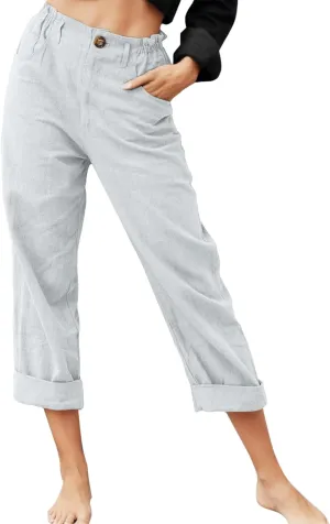 Women Capri Pants Summer Trendy Linen Cropped Trousers with Pockets Wide Leg Loose Lightweight Beach Casual Capris