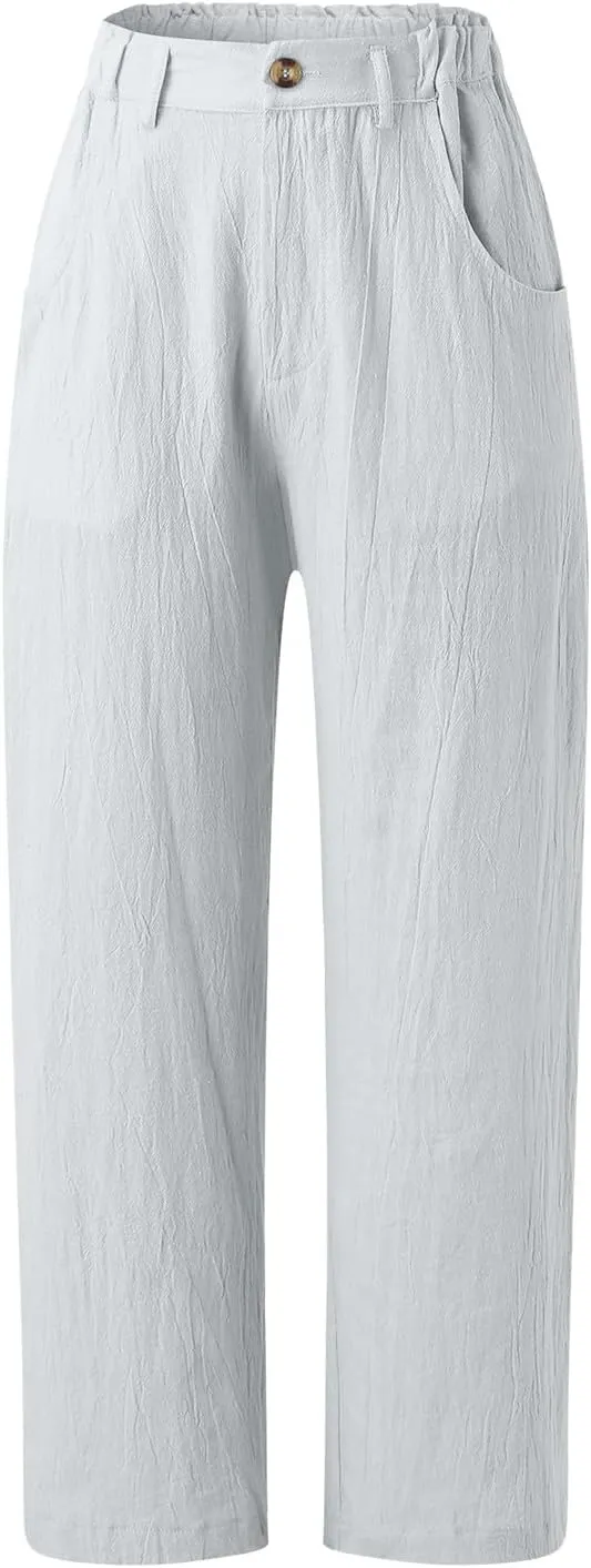 Women Capri Pants Summer Trendy Linen Cropped Trousers with Pockets Wide Leg Loose Lightweight Beach Casual Capris
