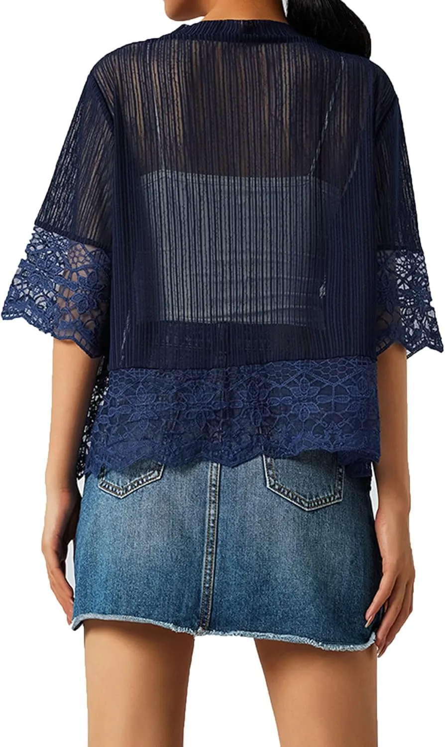 Women Casual Lace Crochet Cardigan Short Sleeve Sheer Cover Up Jacket Ruffle Open Front Blouse Tops Summer Kimono Cardigans