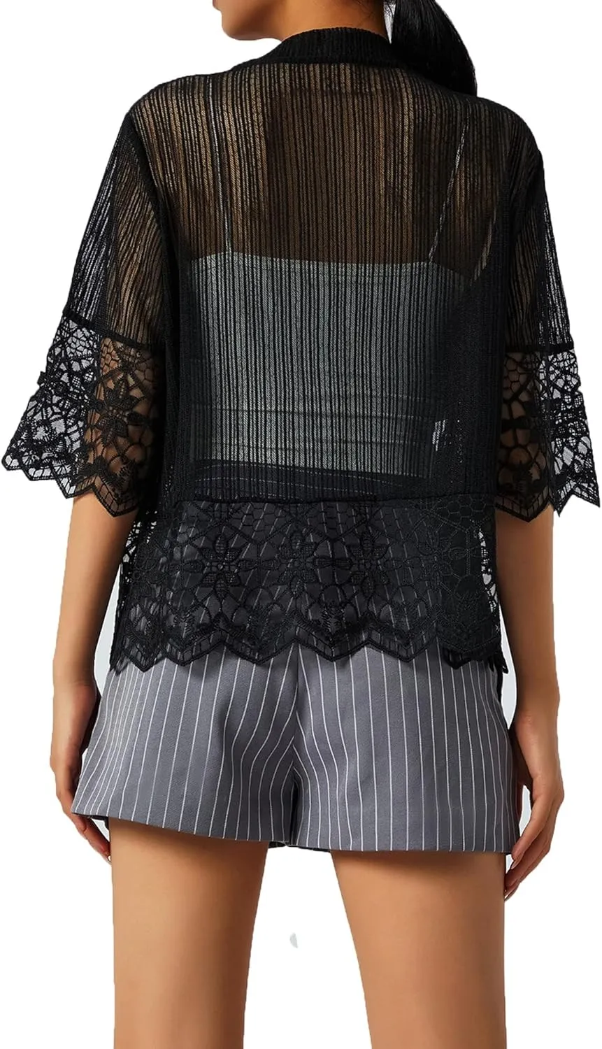 Women Casual Lace Crochet Cardigan Short Sleeve Sheer Cover Up Jacket Ruffle Open Front Blouse Tops Summer Kimono Cardigans
