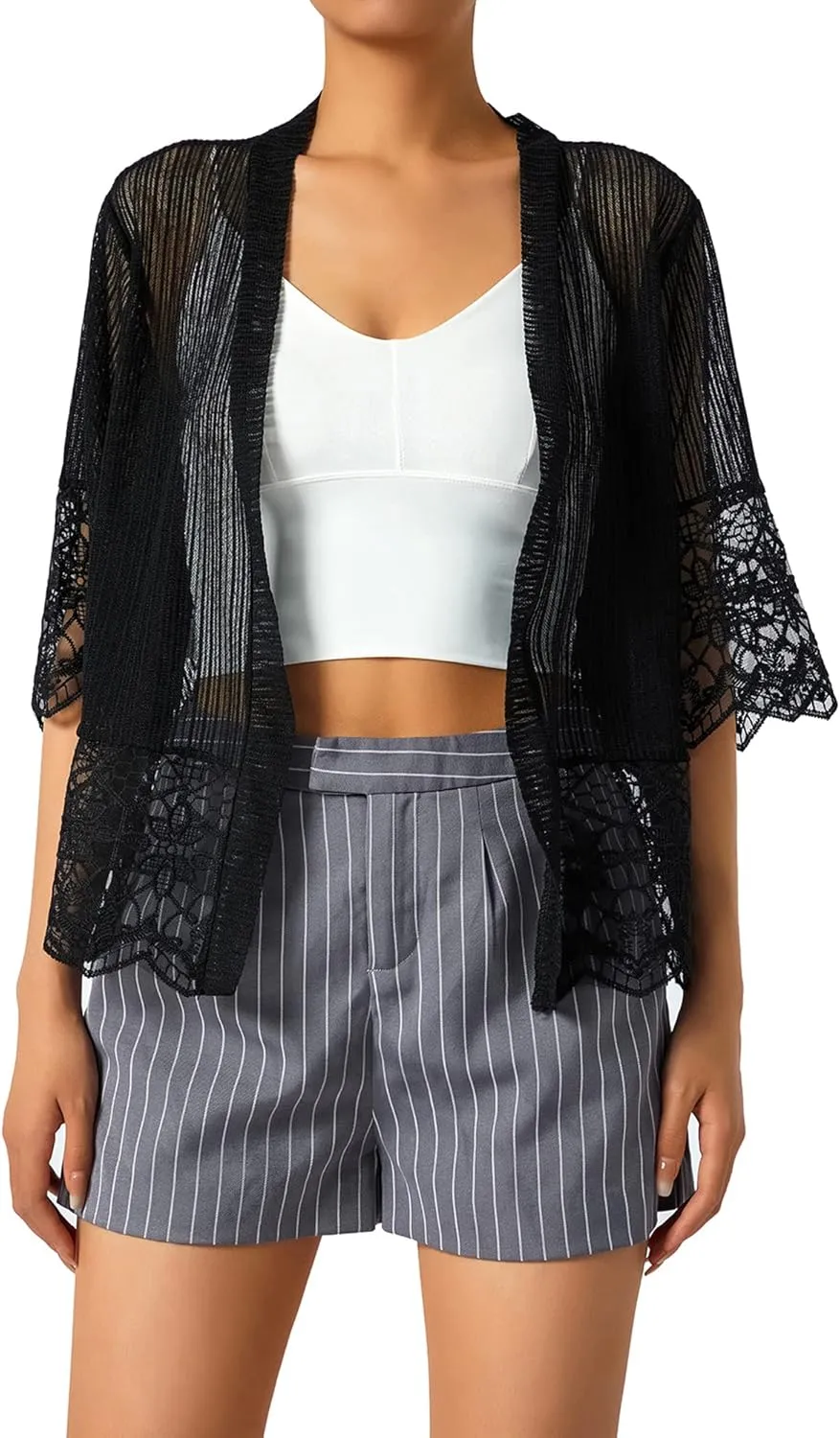 Women Casual Lace Crochet Cardigan Short Sleeve Sheer Cover Up Jacket Ruffle Open Front Blouse Tops Summer Kimono Cardigans