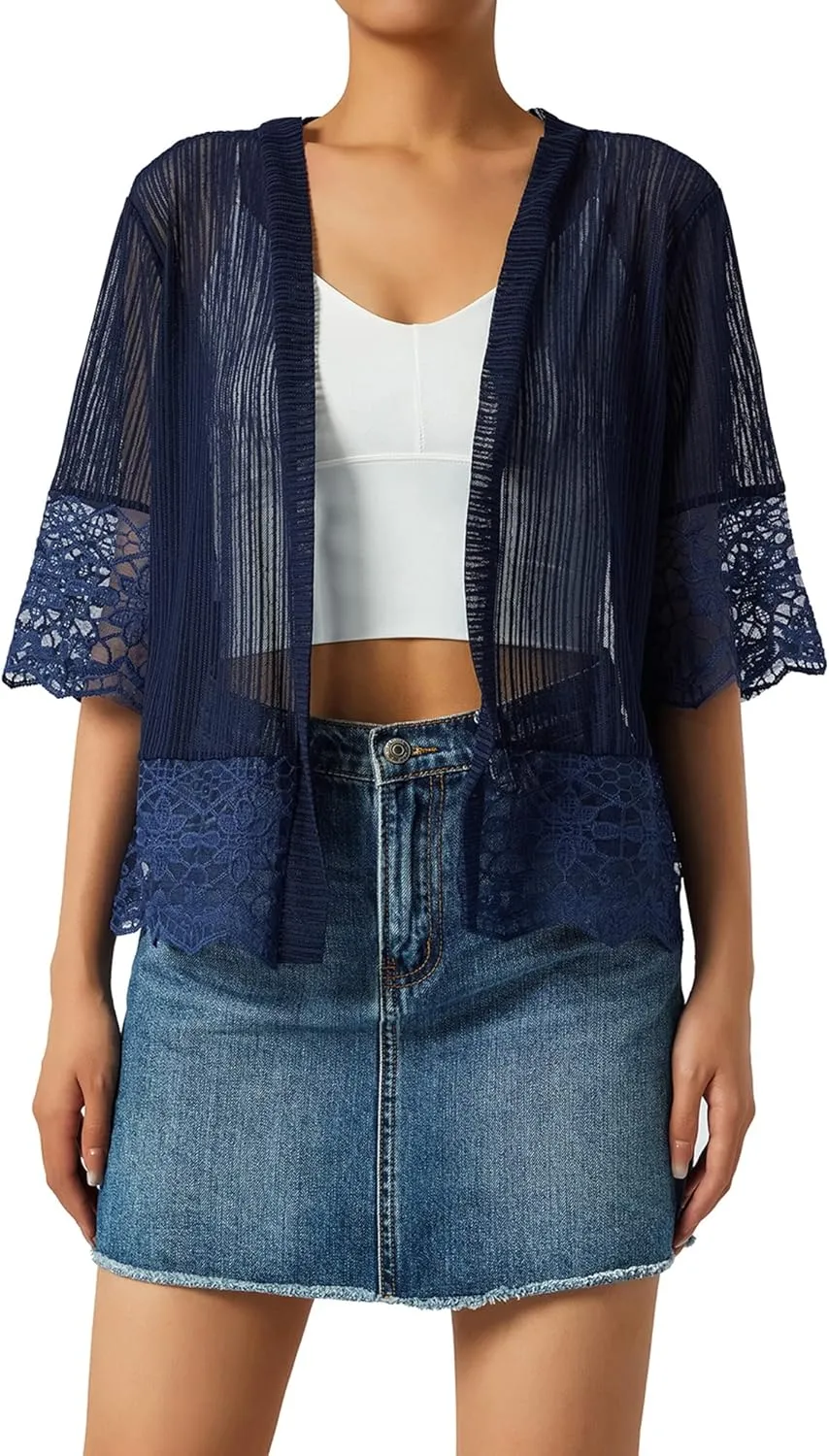 Women Casual Lace Crochet Cardigan Short Sleeve Sheer Cover Up Jacket Ruffle Open Front Blouse Tops Summer Kimono Cardigans