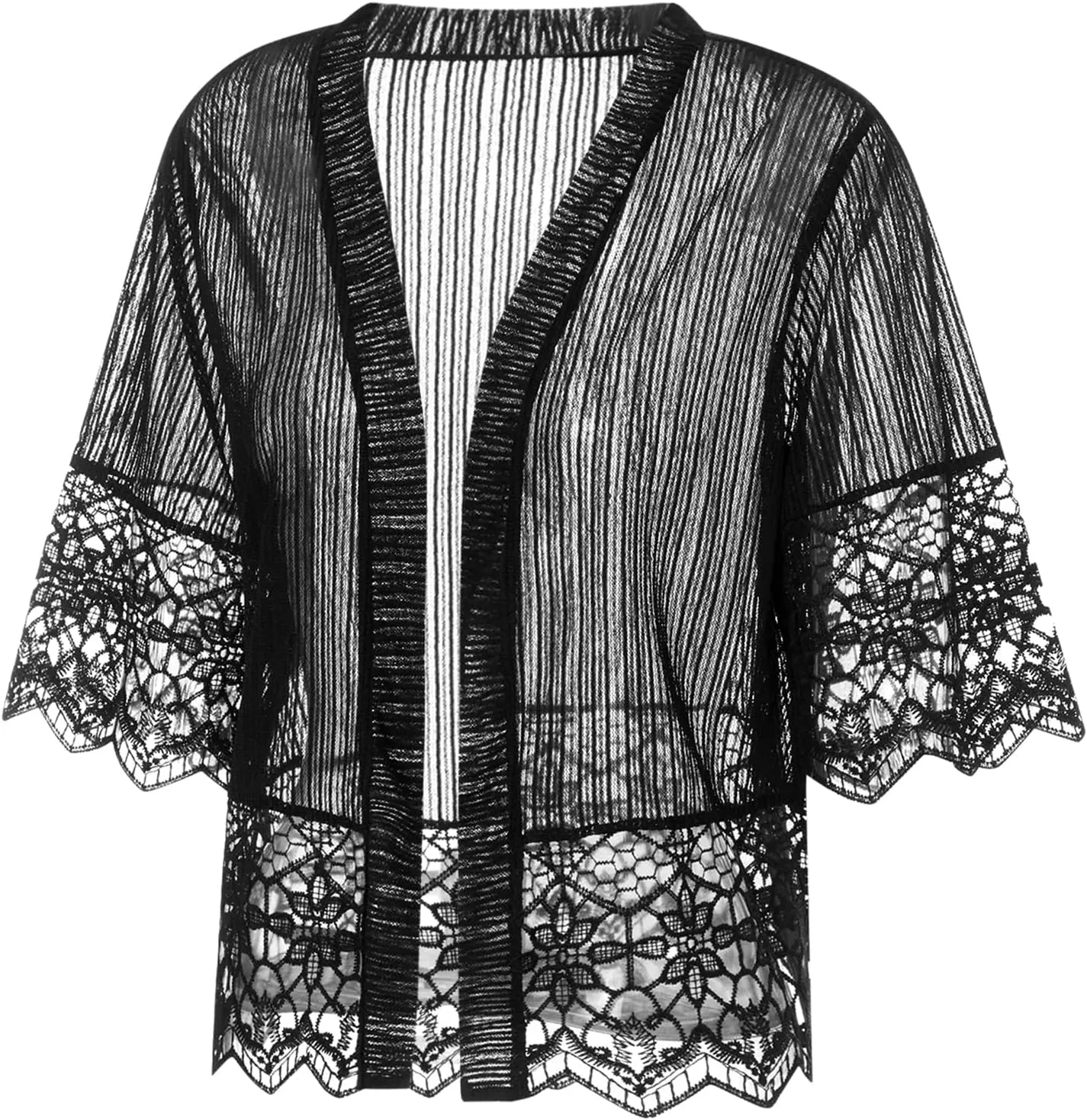 Women Casual Lace Crochet Cardigan Short Sleeve Sheer Cover Up Jacket Ruffle Open Front Blouse Tops Summer Kimono Cardigans