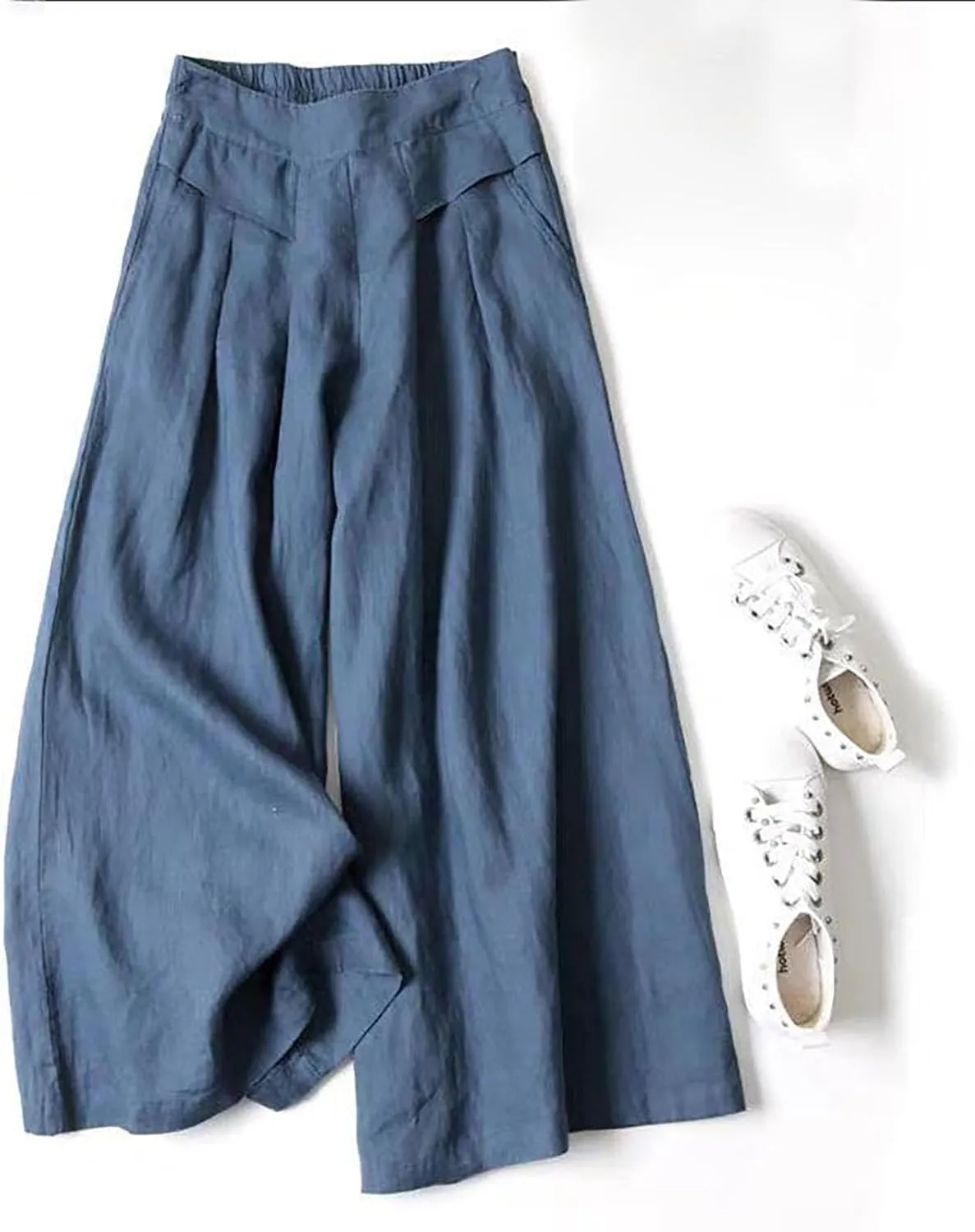 Women Cotton Linen Summer Pull On Pant Trousers Elastic Waisted Ankle Length Slim Fit Trouser Vacation